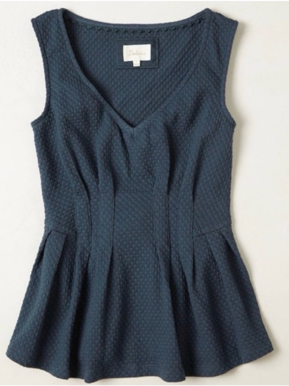 Deletta Navy Textured V-Neck Peplum Top